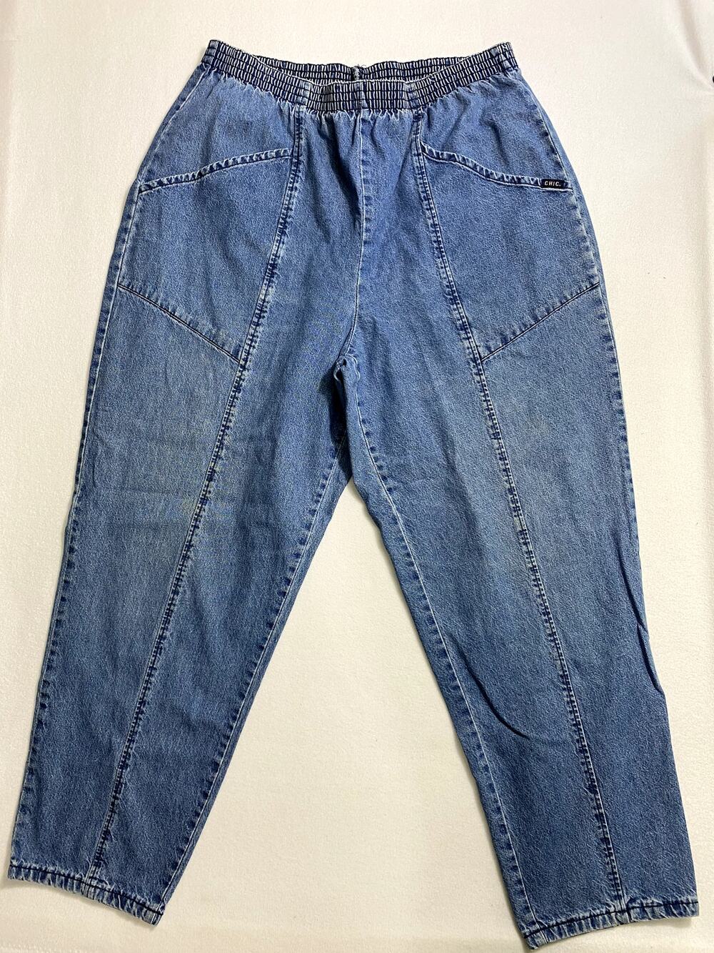 Vtg 80s Chic Mom Jeans Plus 18WP Blue Elastic High Waist Tapered Barrel Denim